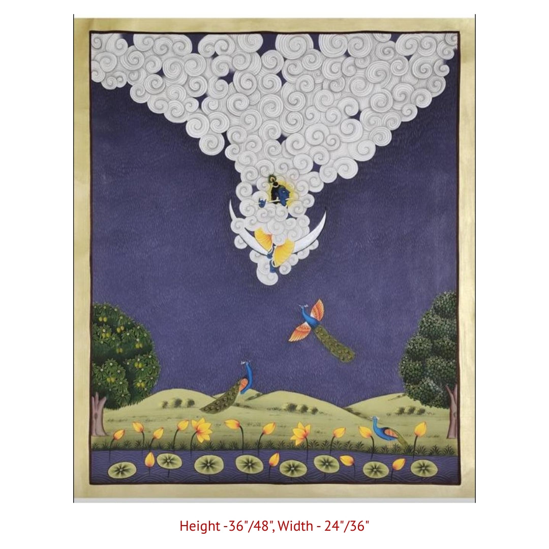 Traditional Krishna Pichwai devotional artwork with soft cloud background and fine brushwork