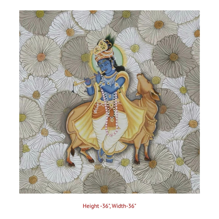Traditional Krishna Pichwai artwork symbolizing purity and divine harmony with lotus motifs