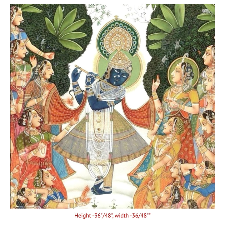 Devotional Krishna Pichwai artwork featuring gopikas in a serene forest setting