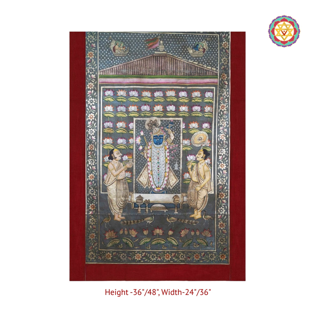 Traditional handpainted Pichwai featuring Shrinathji Swaroop Daan Leela with intricate background work