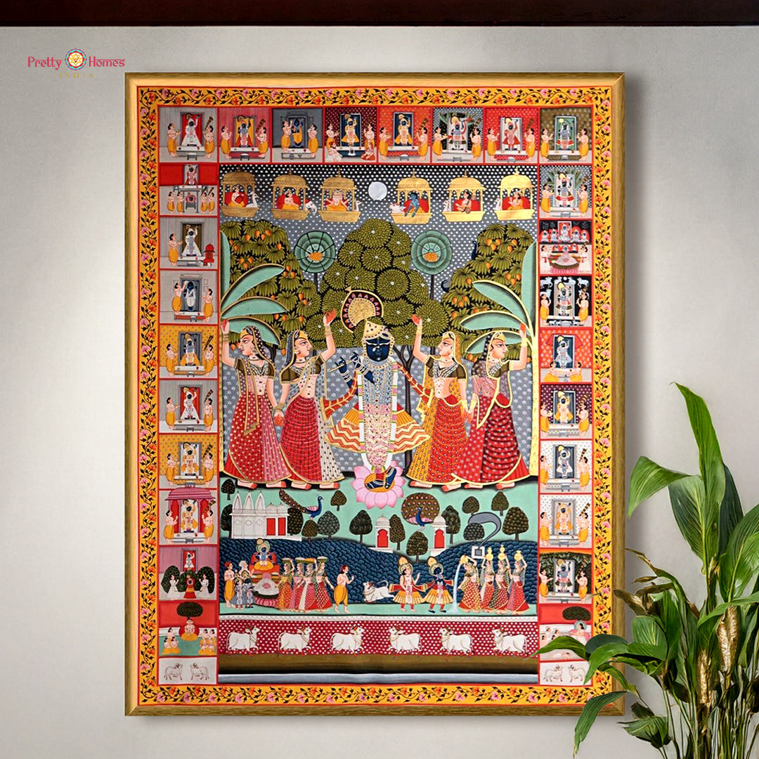 Pichwai painting with intricate bhog border details.