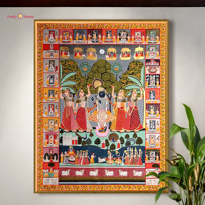Pichwai painting with intricate bhog border details.