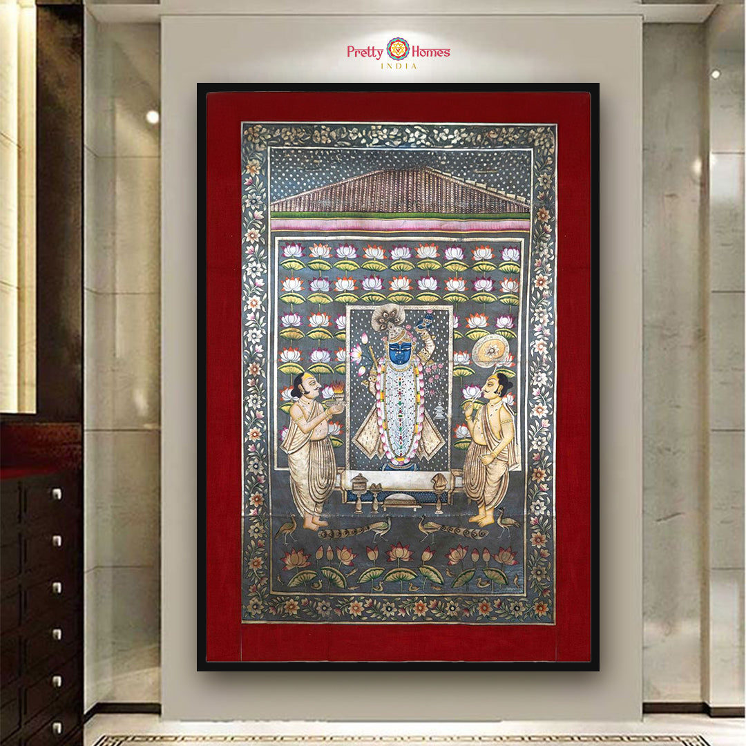 Vintage Pichwai painting of Shrinathji portraying the sacred Swaroop Daan Leela scene