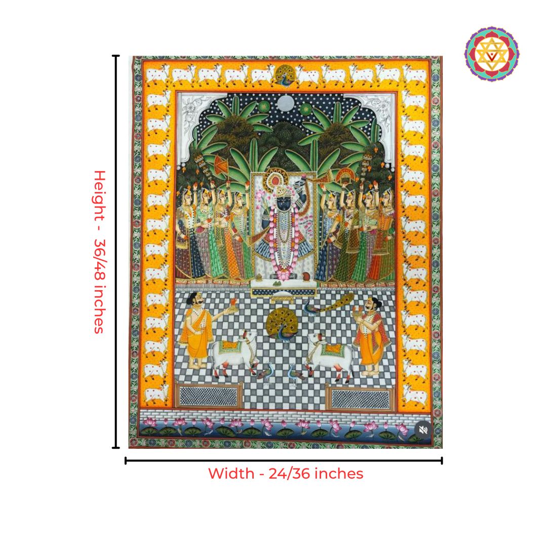 traditional pichwai wall decor with devotional scene and border