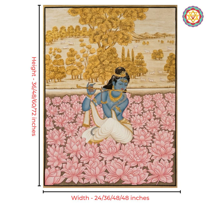 Pichwai painting featuring Krishna and blooming lotuses.
