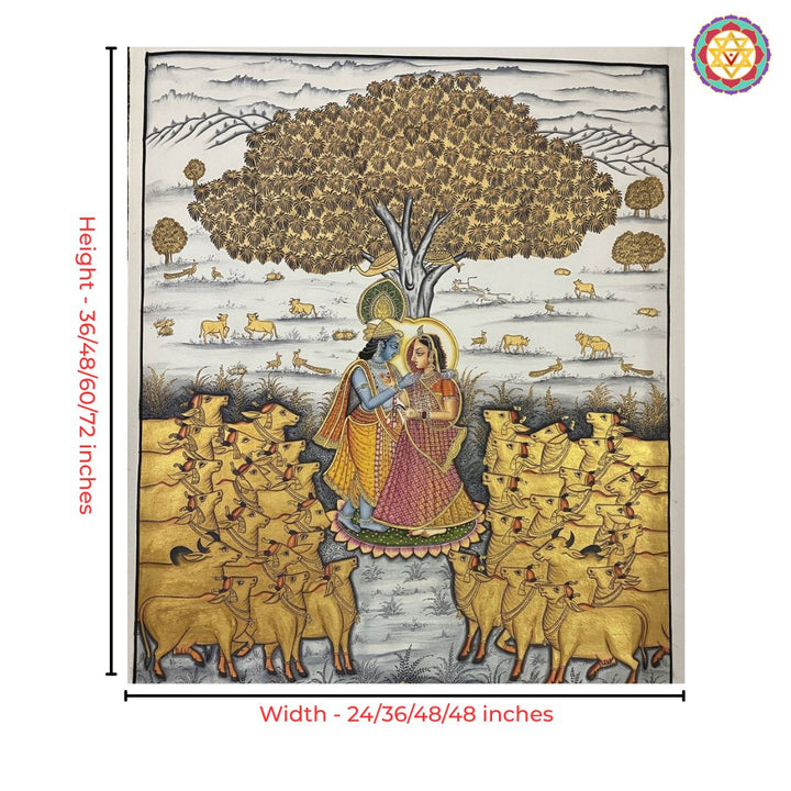 Pichwai painting featuring Radha Krishna and gentle cows.