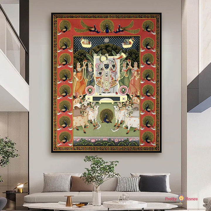 Sharad Poornima themed handpainted Pichwai with elegant peacock decorative border