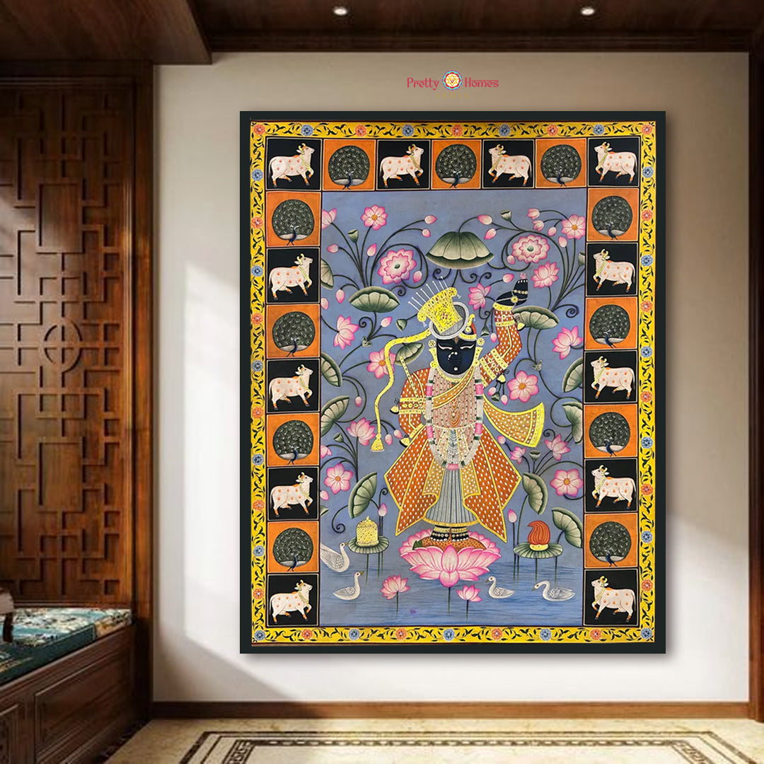 hand painted pichwai painting shrinathji darshan cow peacock border