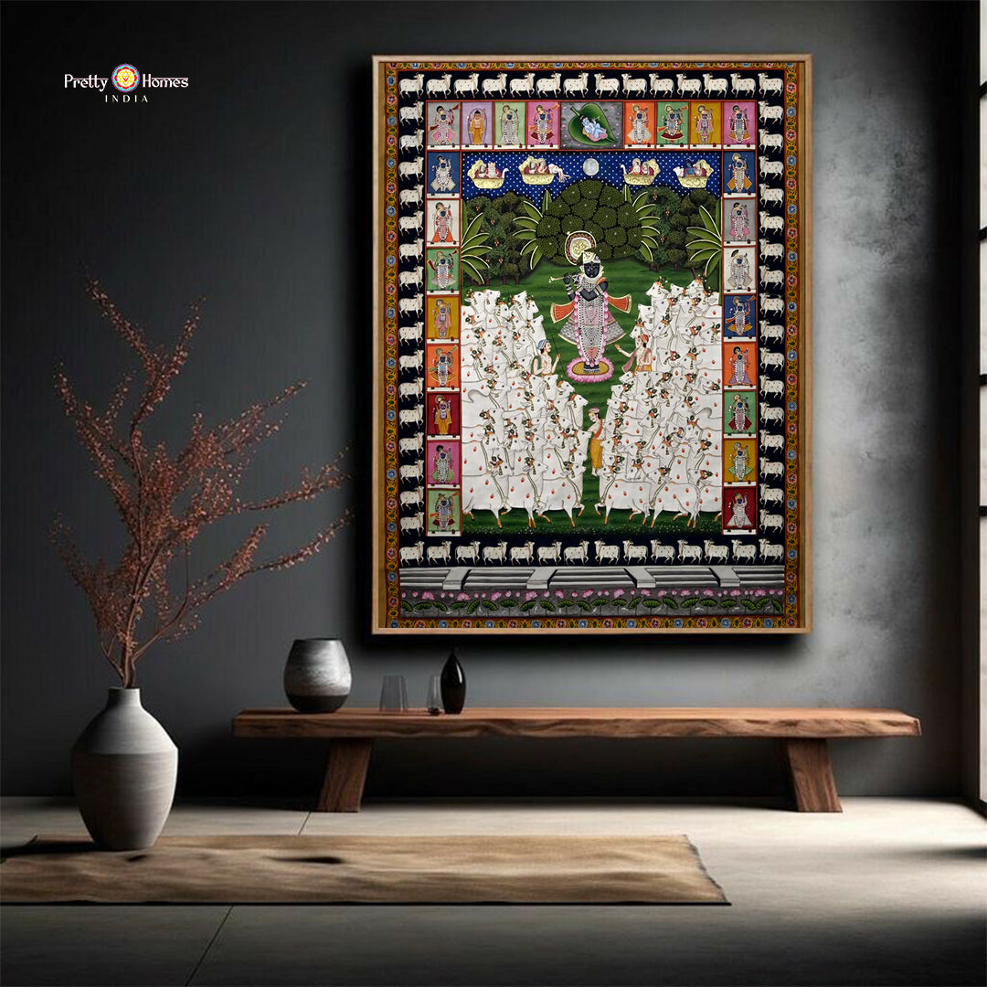 Large devotional Pichwai depicting Shrinathji surrounded by sacred cows in Gopashtami theme