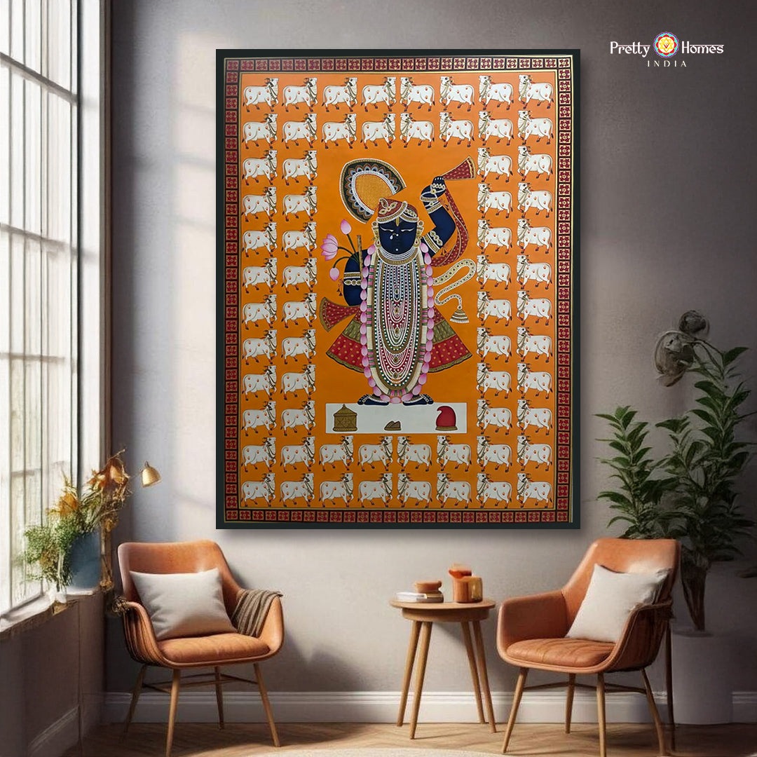 hand painted pichwai painting shrinathji darshan cows