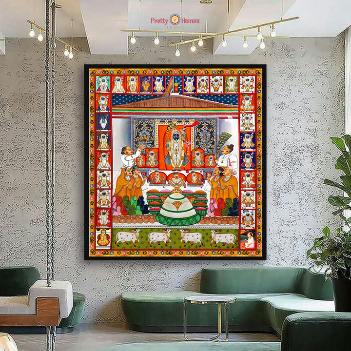 Vintage style Pichwai painting of Shrinathji Daan Leela framed with ornate decorative borders
