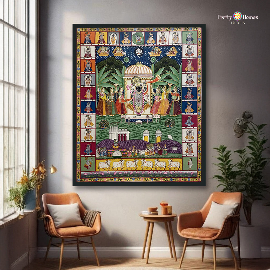 hand painted pichwai painting shrinathji darshan detailed border