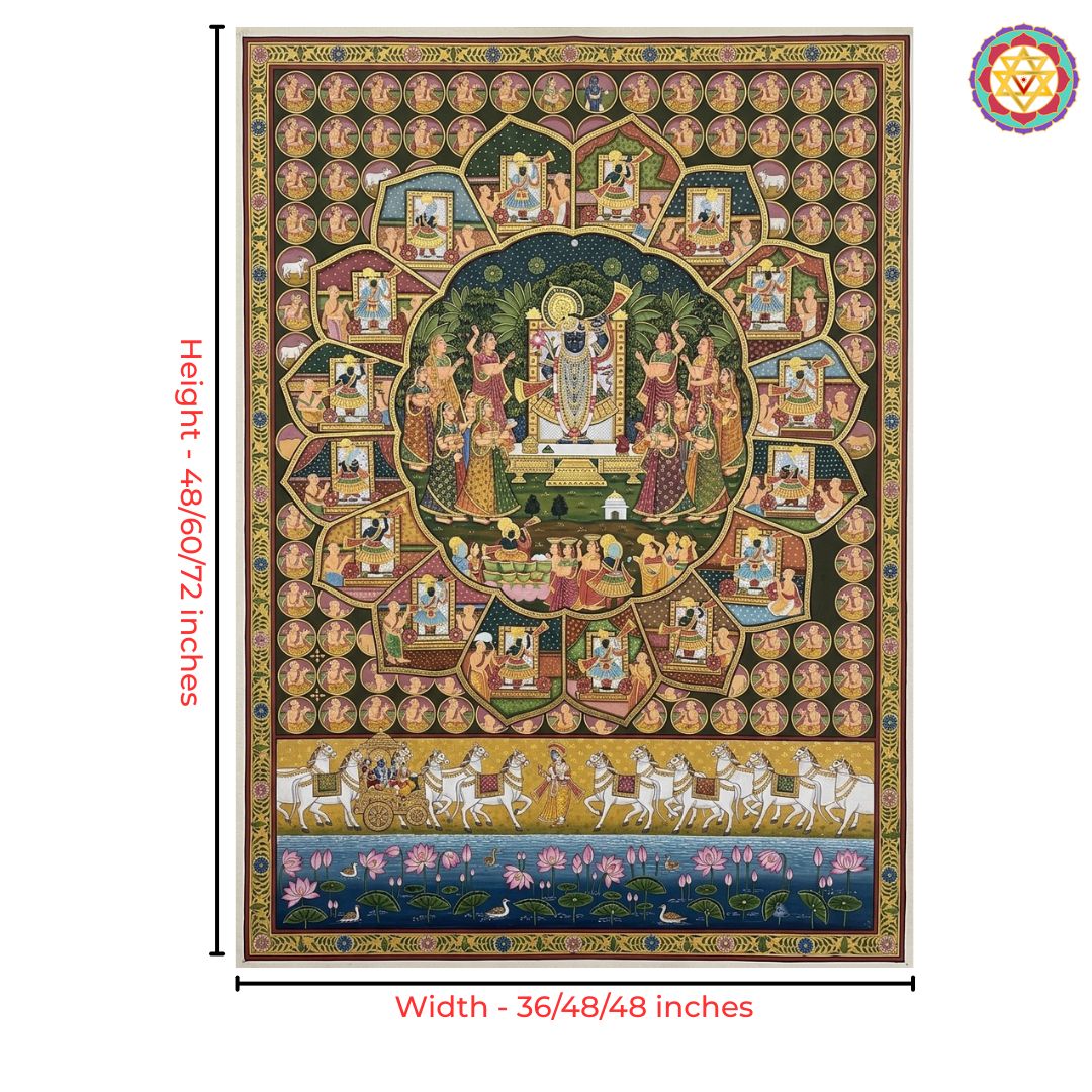 Pichwai painting featuring Krishna, gopikas, and horse chariots.