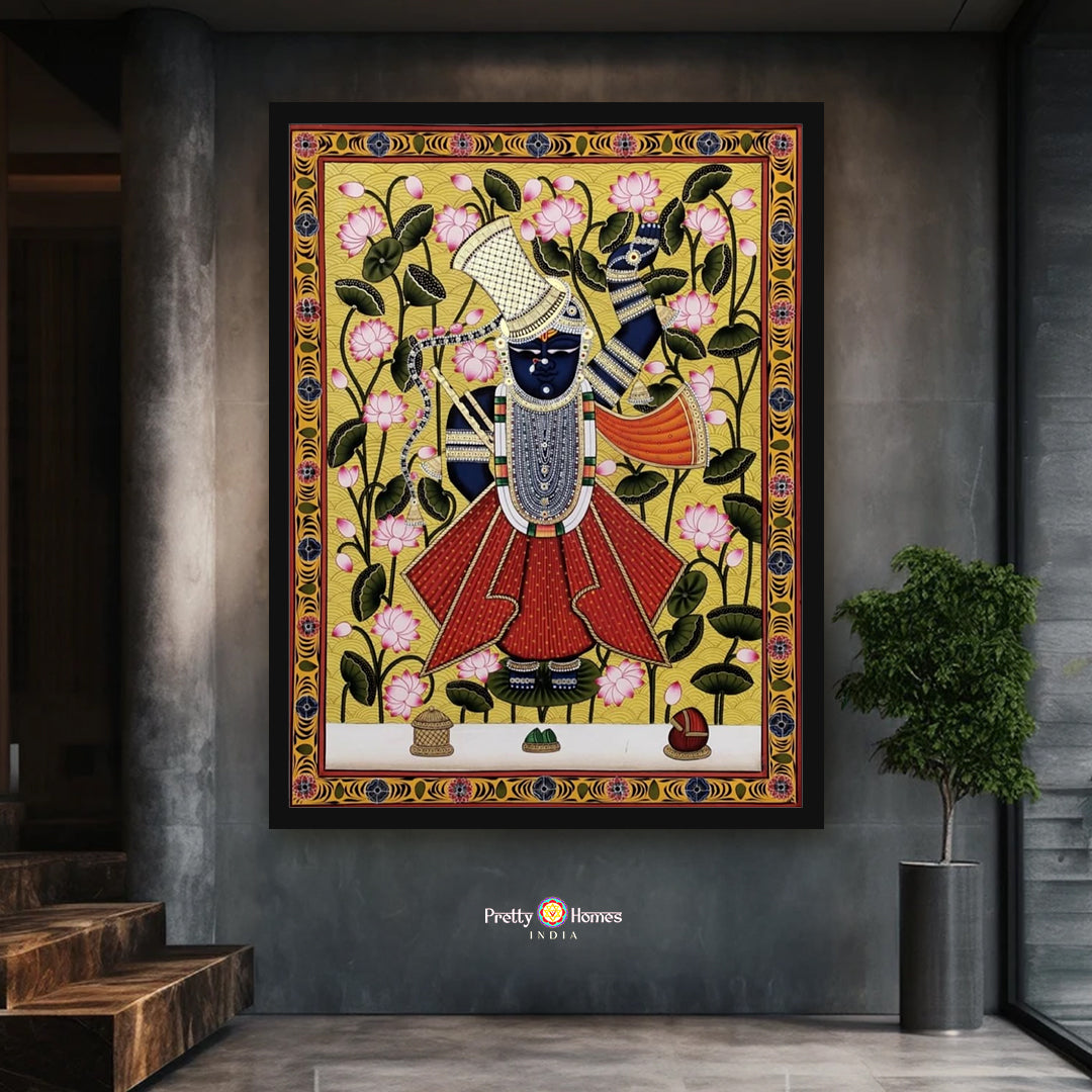 Devotional Pichwai painting of Shrinathji Darshan depicted beside a calm lotus pond scene