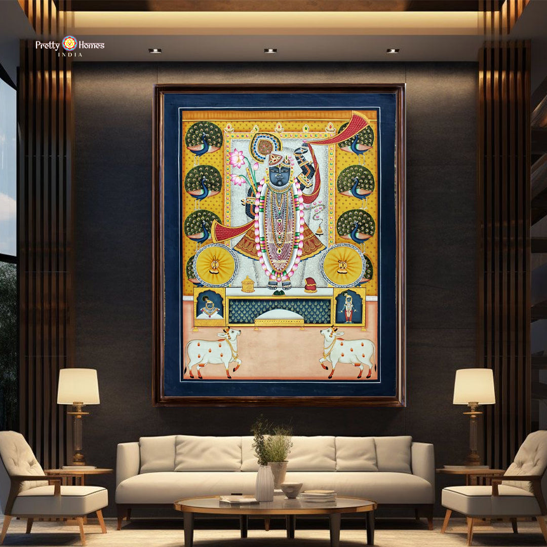 Handpainted Pichwai of Shrinathji Darshan adorned with elegant peacocks and devotional motifs