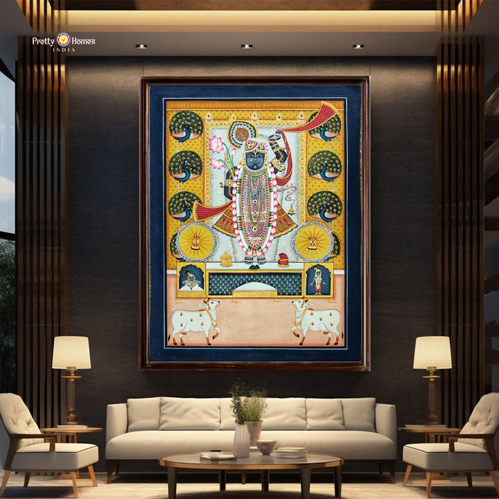 Handpainted Pichwai of Shrinathji Darshan adorned with elegant peacocks and devotional motifs