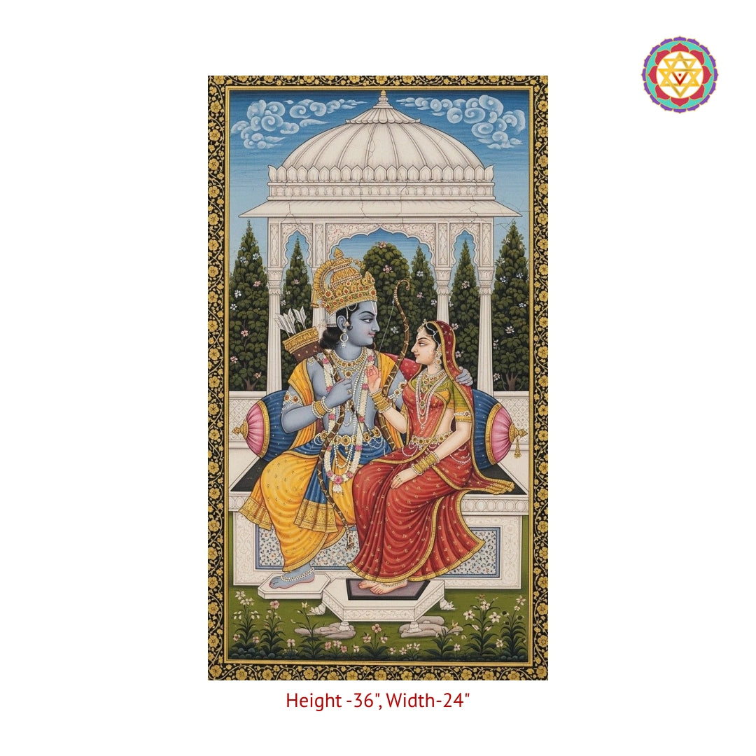 Close view of devotional Ram Sita Pichwai artwork with traditional Nathdwara painting details