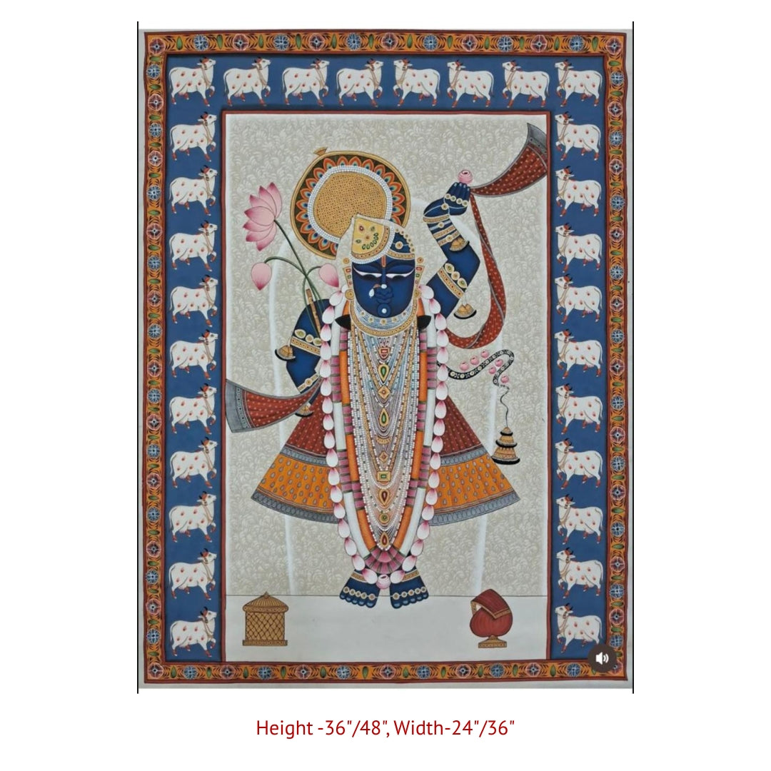 Traditional Shrinathji devotional artwork framed with sacred cow motifs and fine detailing