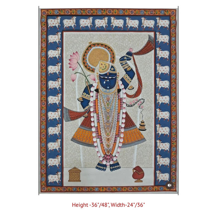 Traditional Shrinathji devotional artwork framed with sacred cow motifs and fine detailing