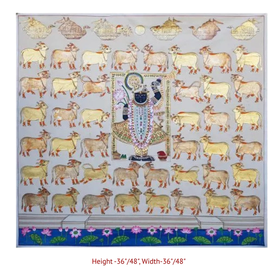 Shrinathji devotional painting with sacred cows and intricate Pichwai detailing