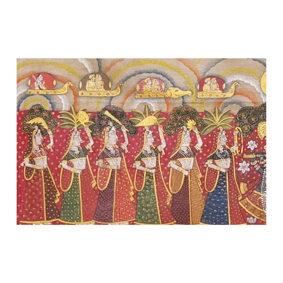 Large horizontal Pichwai artwork of Shrinathji adorned with rich cultural motifs