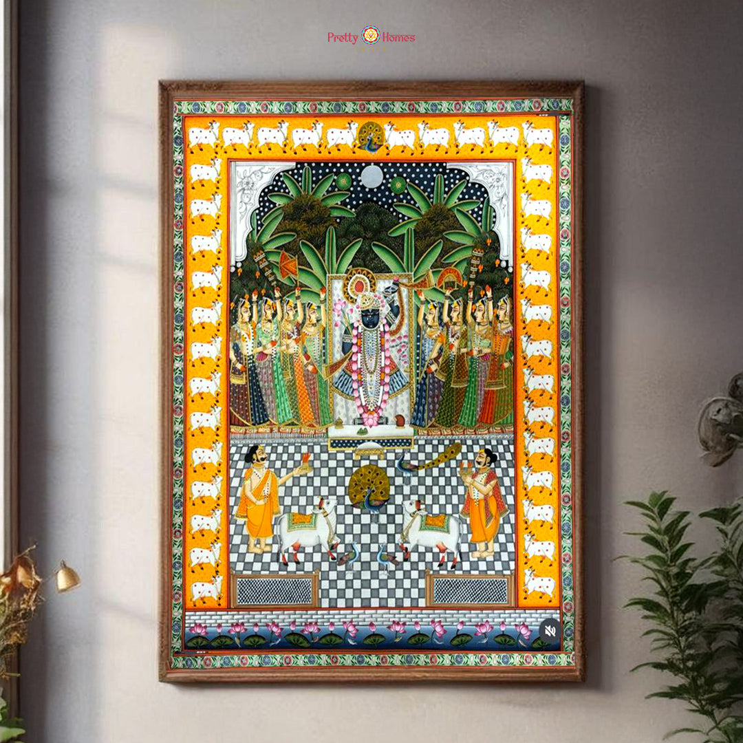 handpainted pichwai wall art with detailed cow border design