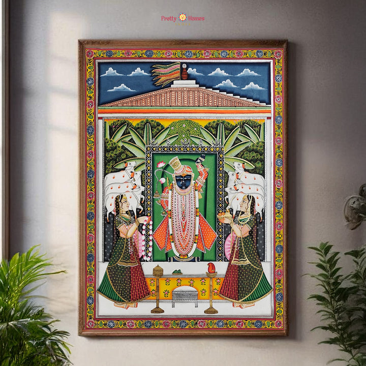 handpainted pichwai wall art with gopikas and cows traditional scene