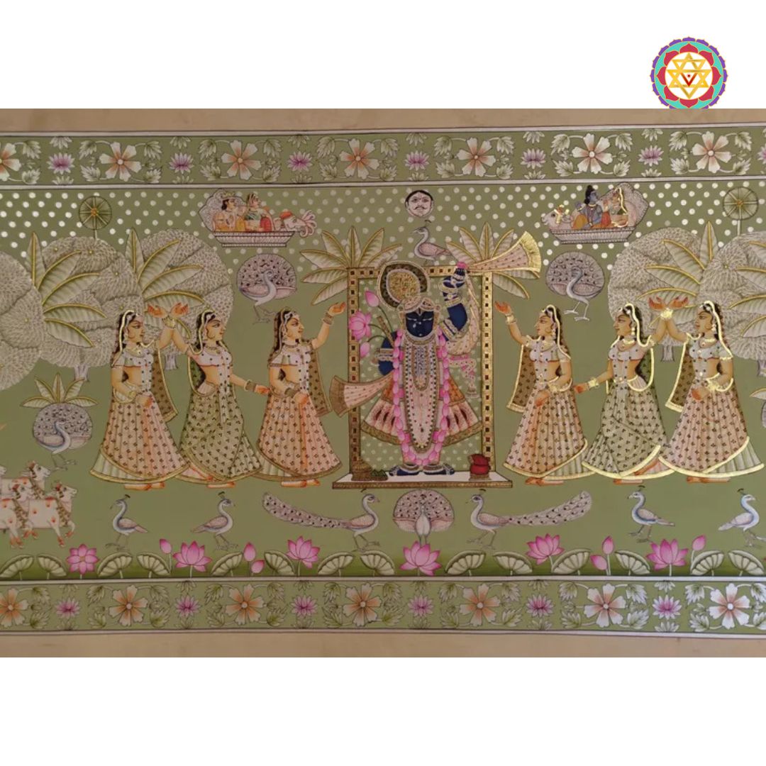 hand painted pichwai painting antique finish shrinathji gopikas