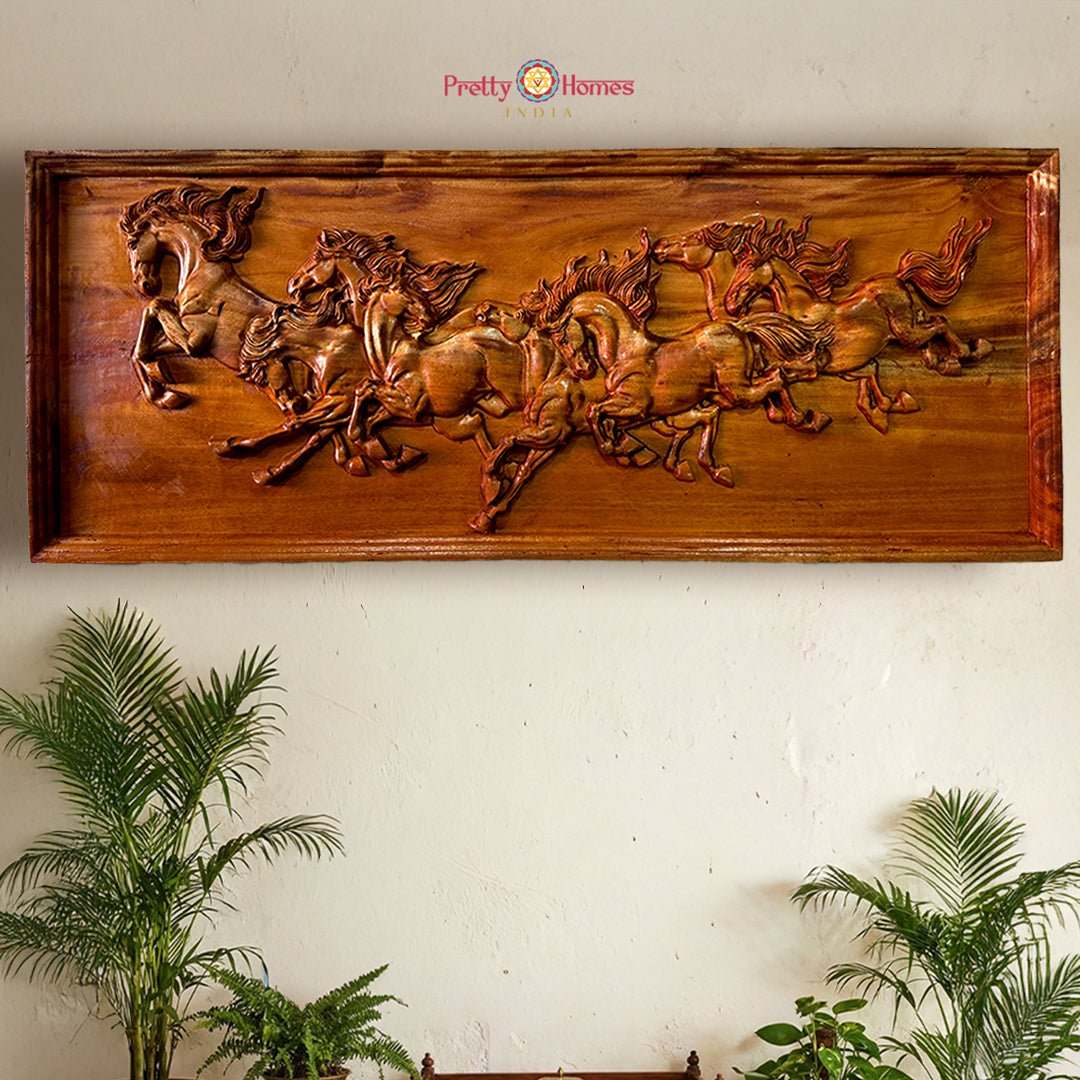 Hand-Carved Seven Running Horses Wooden Wall Panel