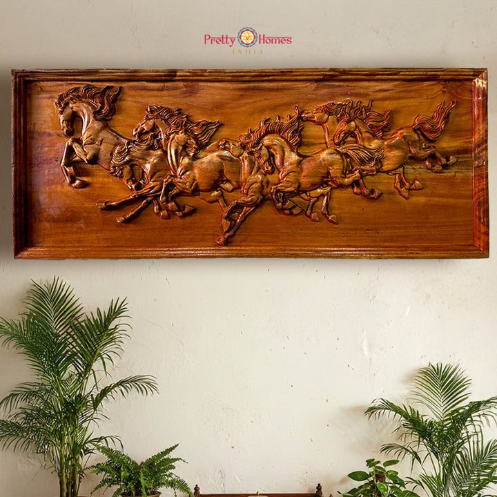Hand-Carved Seven Running Horses Wooden Wall Panel