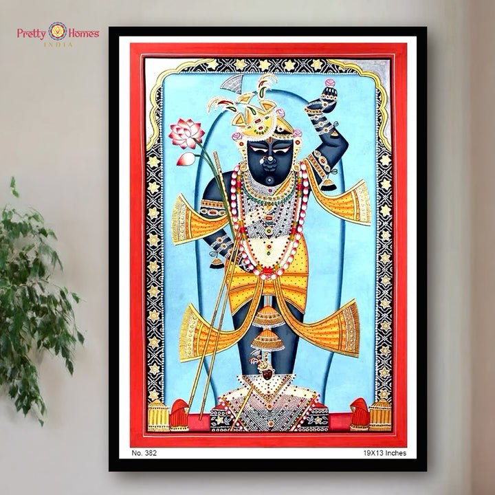 Handpainted Shrinathji Pichwai painting in powder blue traditional style