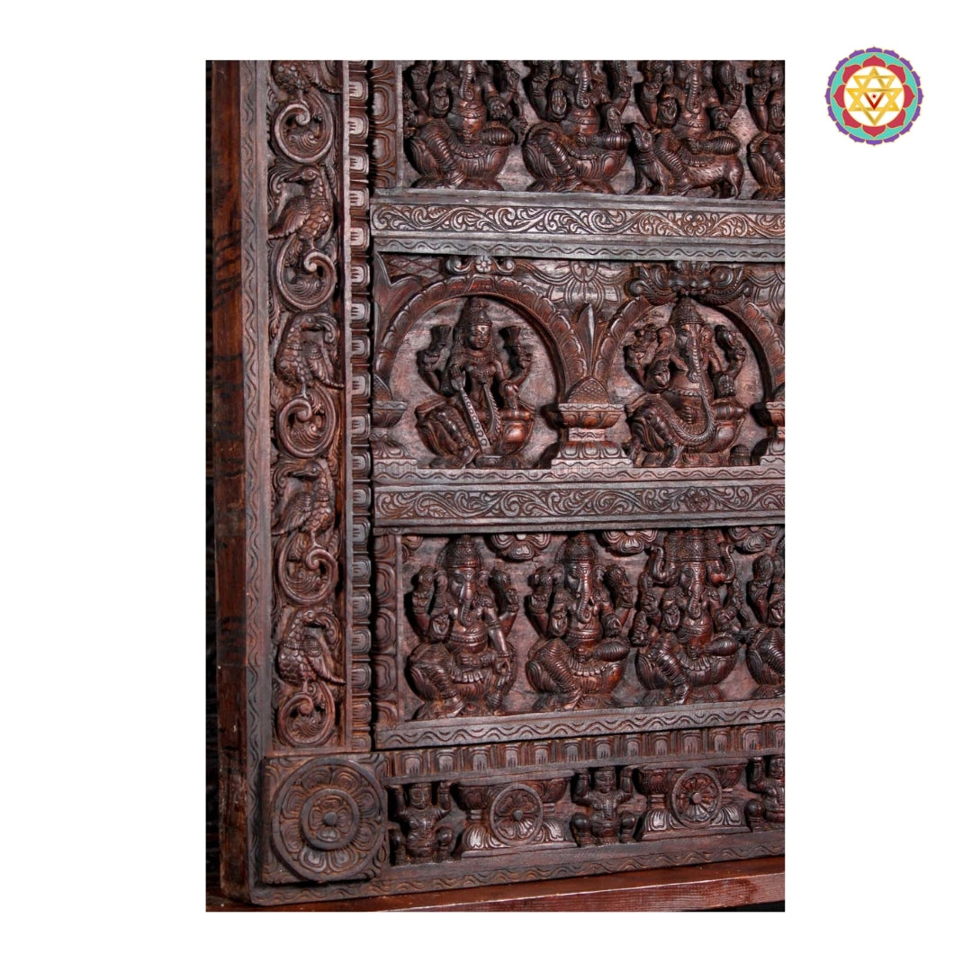 Ornate Hand-Carved Ganesh–Lakshmi–Saraswati Square Wall Panel