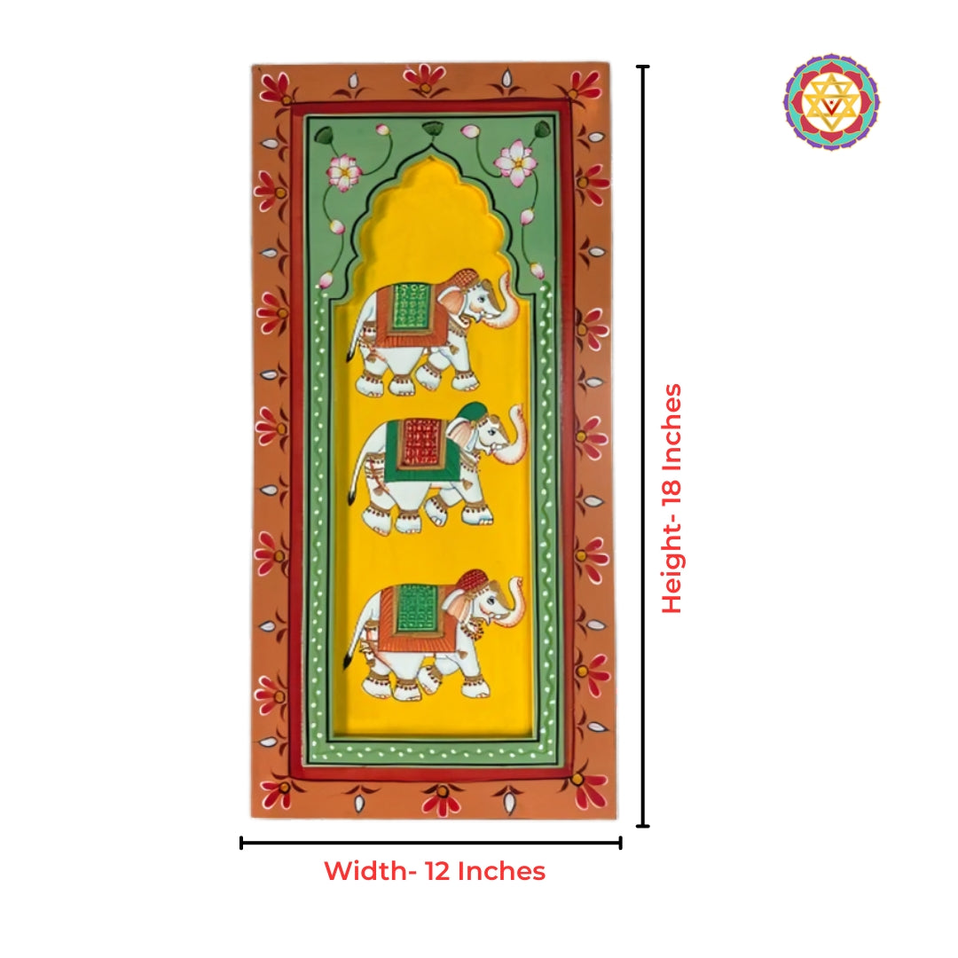 Shrinathji with cows vertical framed wall art panel, handmade wooden hanging for temple-inspired interiors