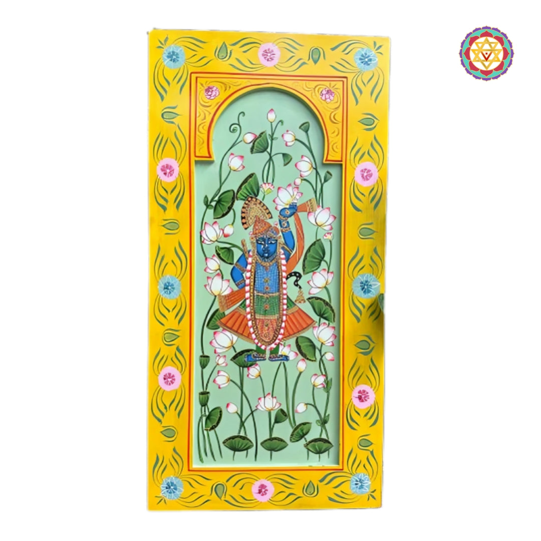 Shrinathji with cows vertical framed Pichwai wall art ready to hang traditional Indian decor