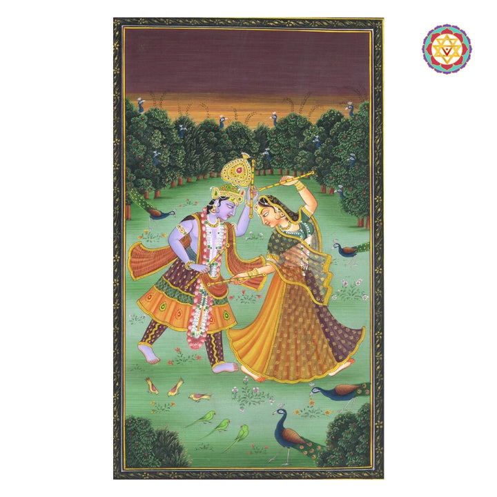 Radha Krishna Raas dance Pichwai artwork with vibrant garden motifs Indian wall painting