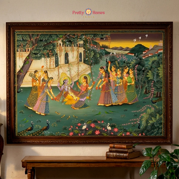 Radha Krishna utsav jhula garden raas pichwai painting with festive devotional theme