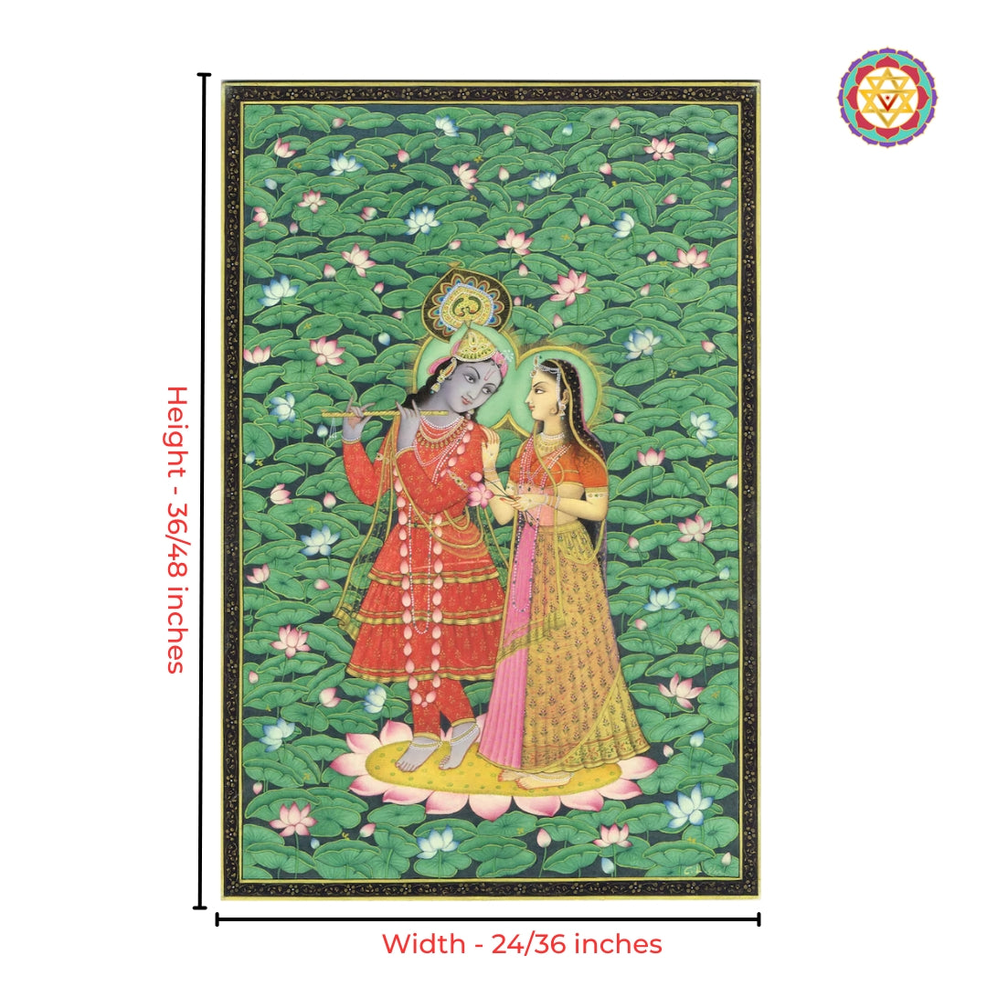 Close-up detailing of Radha Krishna forest-themed pichwai painting with heritage motifs