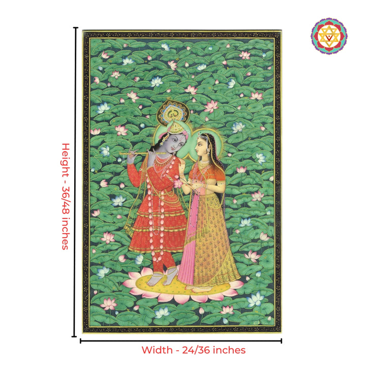 Close-up detailing of Radha Krishna forest-themed pichwai painting with heritage motifs