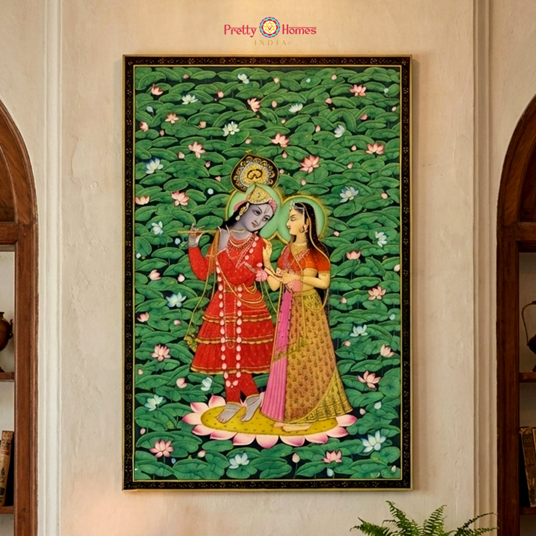 Detailed handpainted Radha Krishna pichwai artwork in a divine forest scene