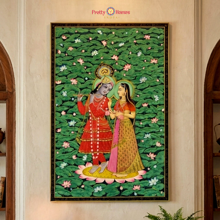Detailed handpainted Radha Krishna pichwai artwork in a divine forest scene
