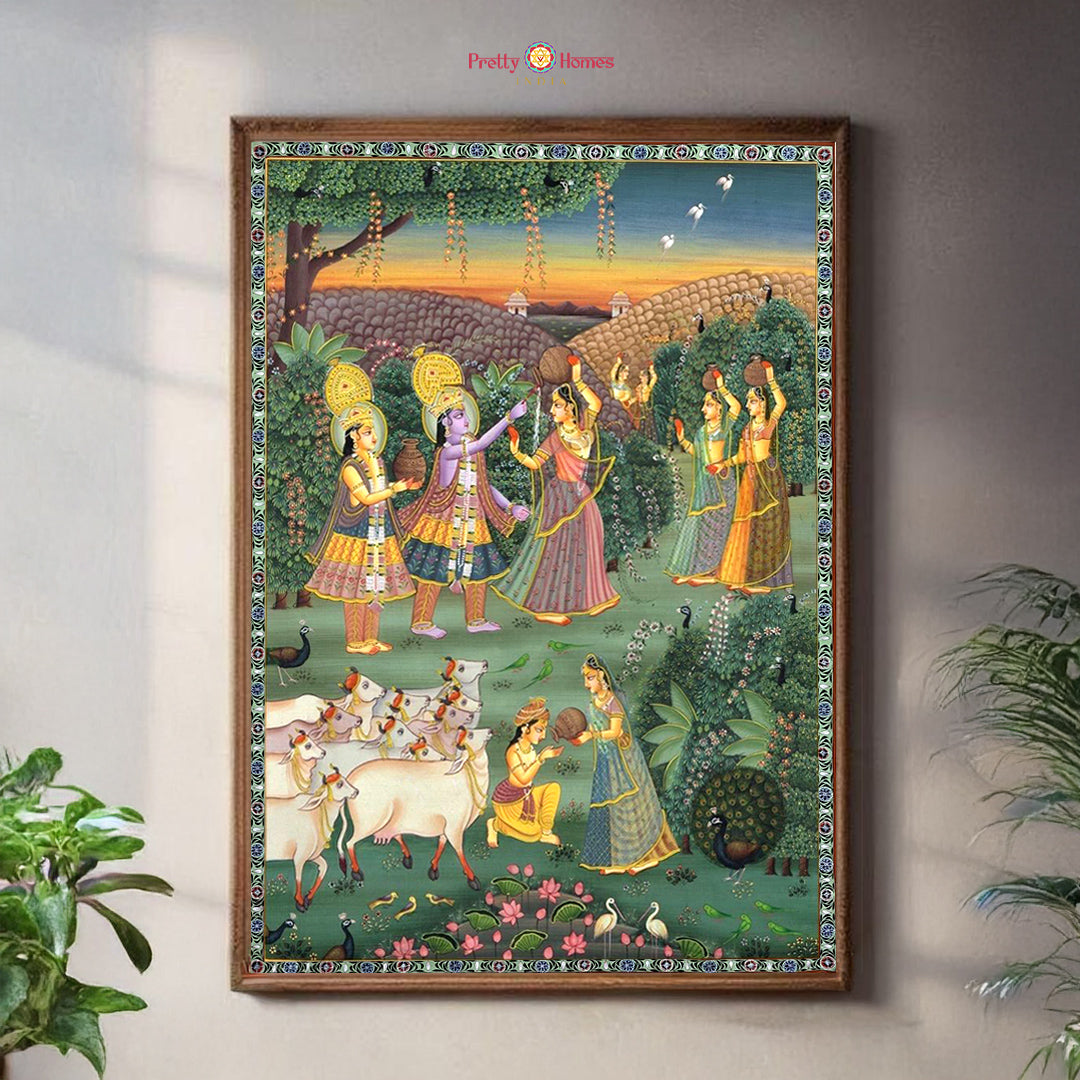 handpainted radha krishna pichwai painting with riverbank scene
