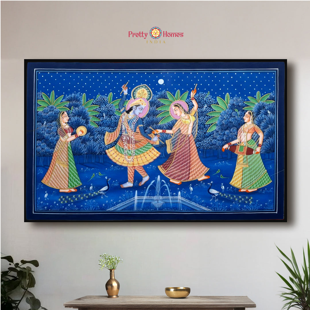 Radha Krishna Raas Leela horizontal pichwai painting with divine dance theme