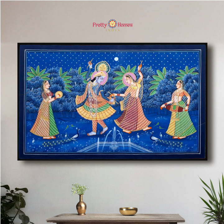 Radha Krishna Raas Leela horizontal pichwai painting with divine dance theme