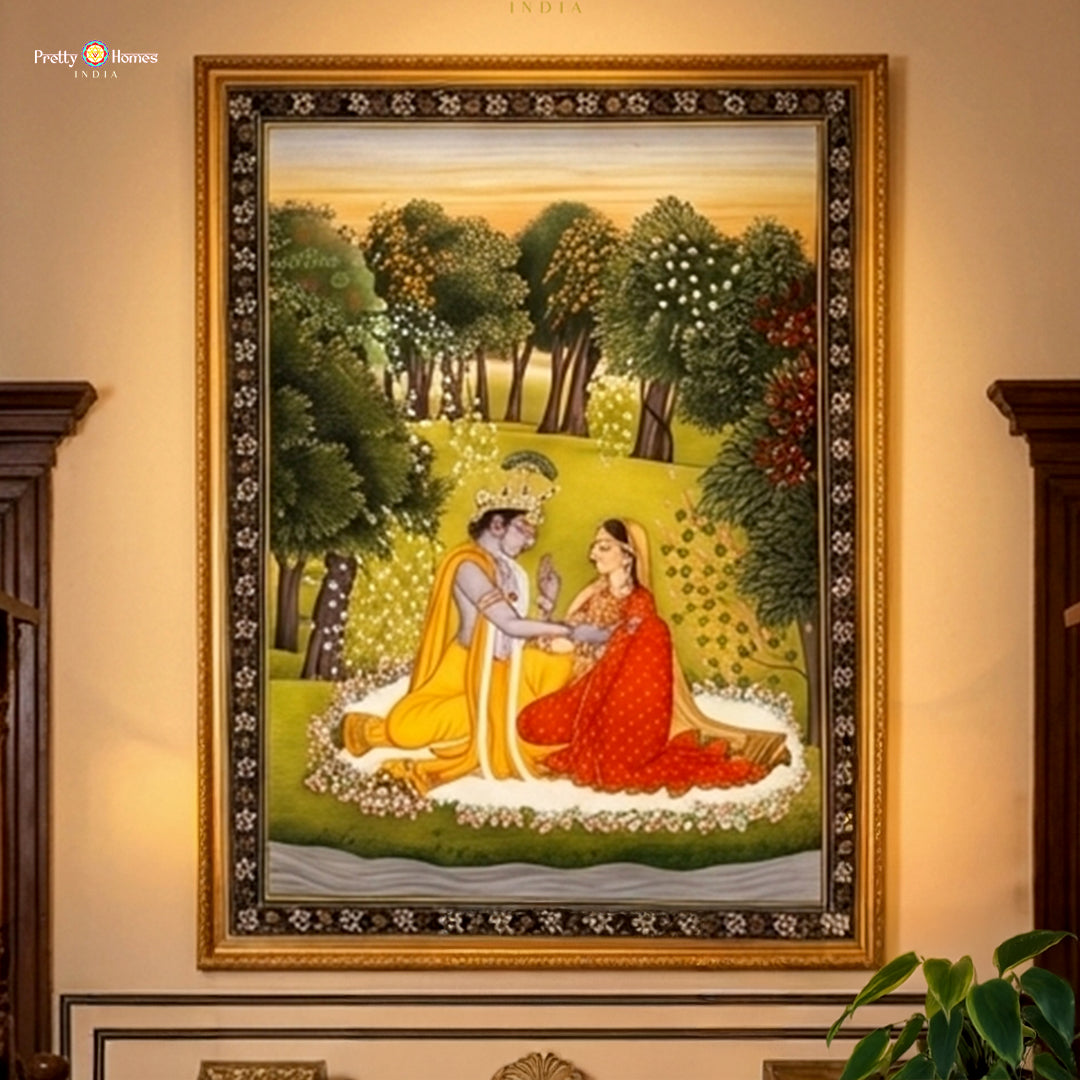 Blissful Radha Krishna vana leela hand-painted pichwai artwork in serene forest theme