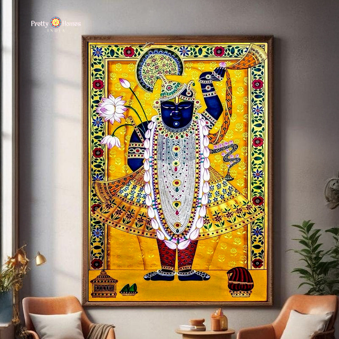 Handpainted paintings radiant yellow Shrinathji Pichwai art.