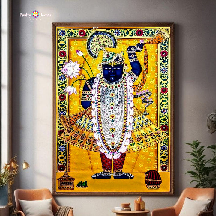 Handpainted paintings radiant yellow Shrinathji Pichwai art.
