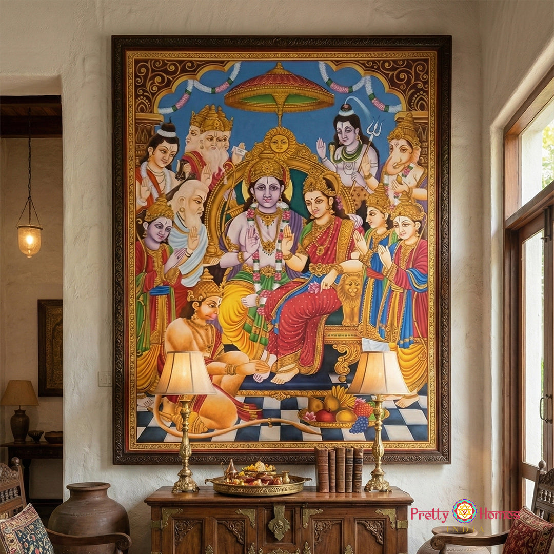 Hand-painted Ram Darbar pichwai artwork with intricate heritage detailing