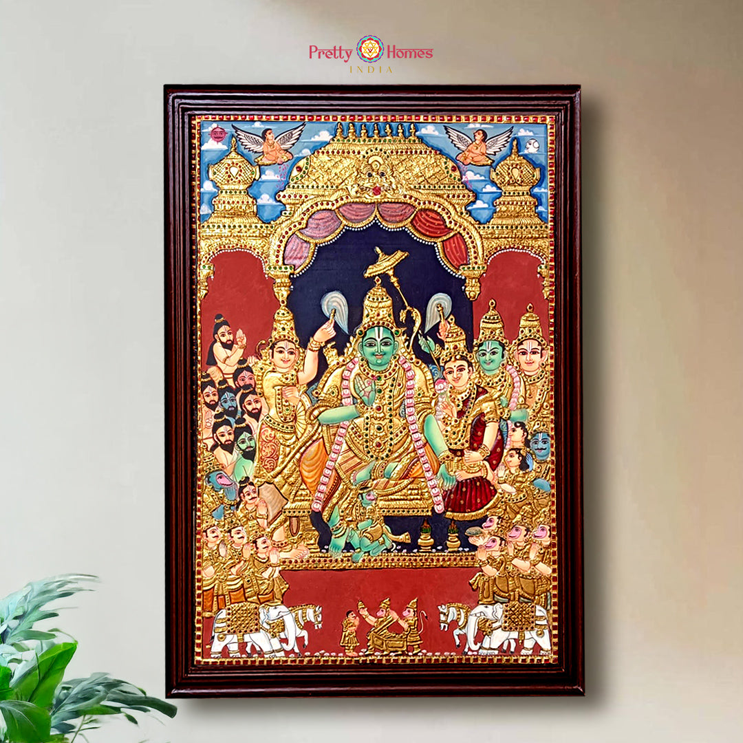 Ram Patta Abhishekam Tanjore painting with 22 carat gold foil and antique teakwood frame