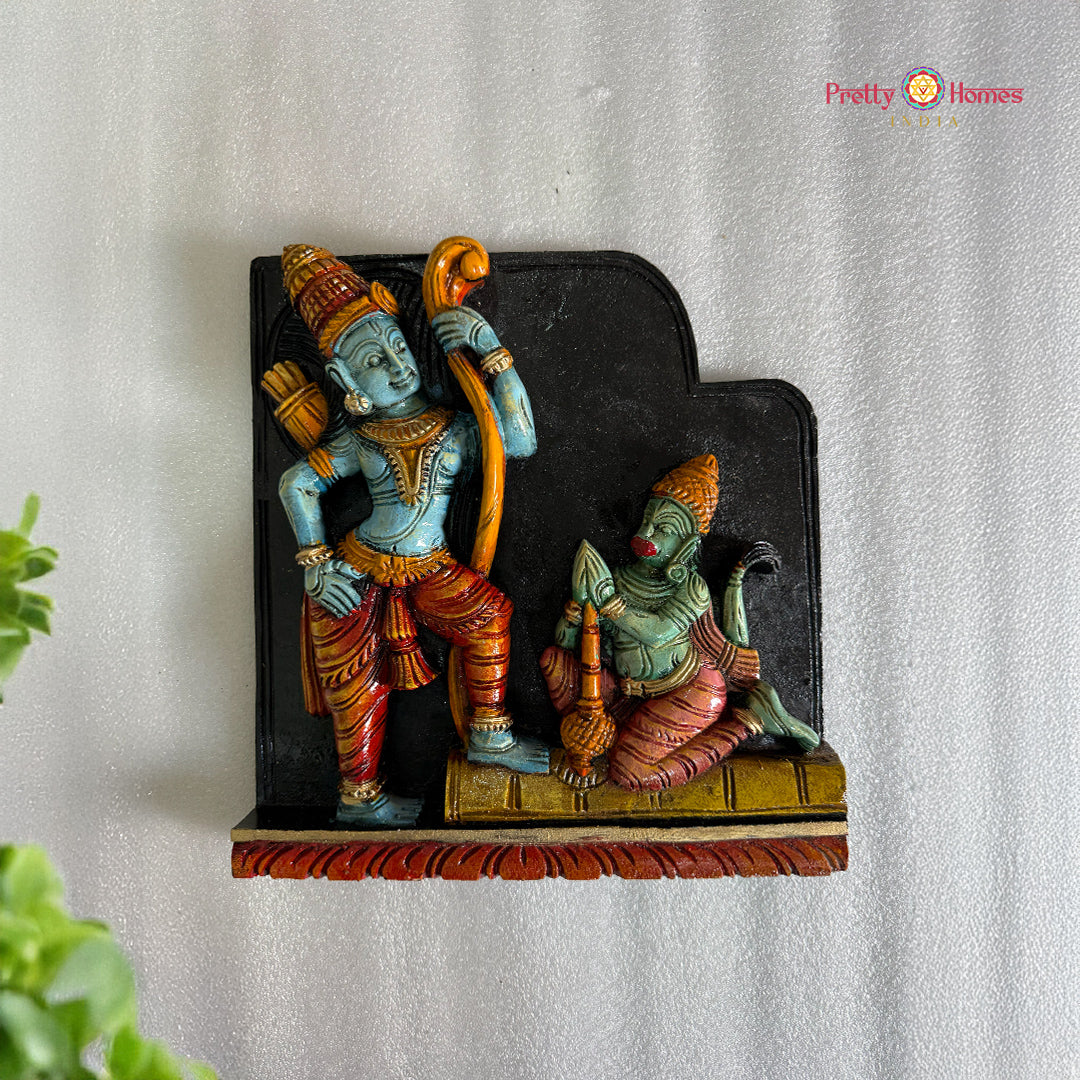 hand carved wooden rama hanuman wall plaque