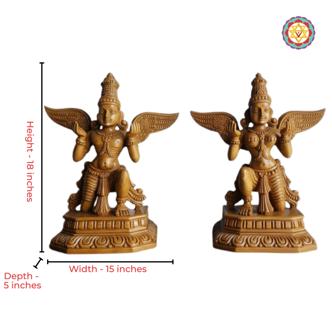 Intricate close-up view of Rathi Manmadhan wooden statues with fine carving